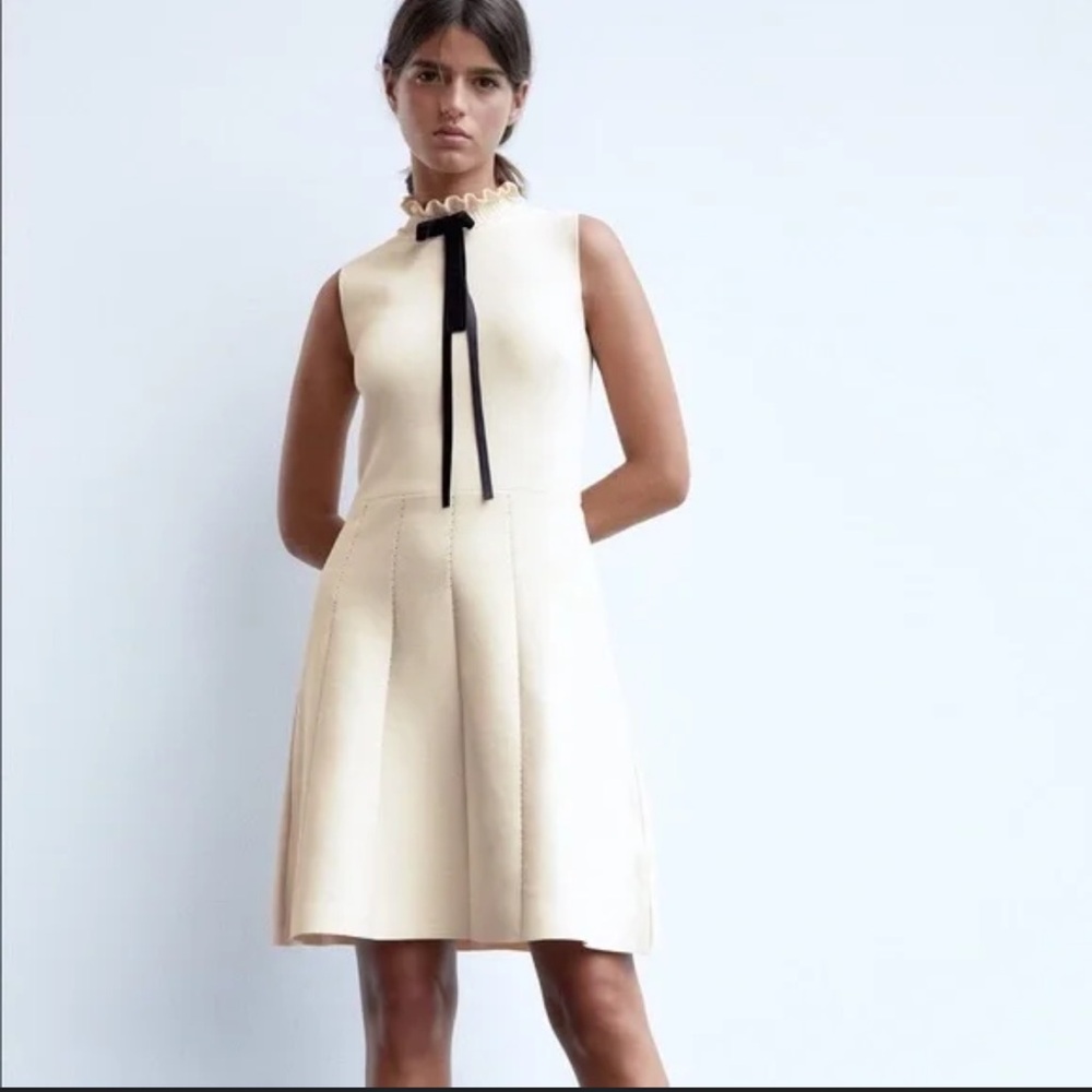 Zara Cream and Black Bow Dress - Size S, Brand New